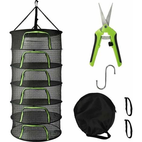 Hanging Herb Dryer, 2ft 6-Layer Mesh Net for Herbs, Flowers, Bulbs, Fish, Large Foldable Round Hanging Drying Rack with Green Zipper, Pruning Shears, Hooks MUMU (1/4)