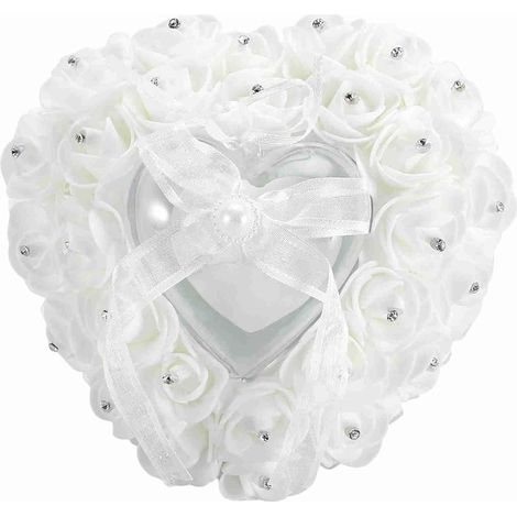 Heart Shaped Rhinestone Flower Wedding Ring Box Romantic Ring Holder Lightweight PE Material Vintage Jewelry Display Case (White) (1/5)