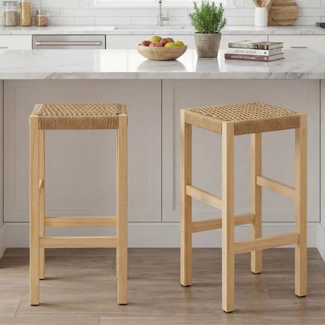 Wahson Set di 2 Sgabelli Cucina Sgabelli da Bar in Rattan, Bar Sgabelli Rustiche per Cucina Penisola/Ristorante, Legno Naturale (1/5)