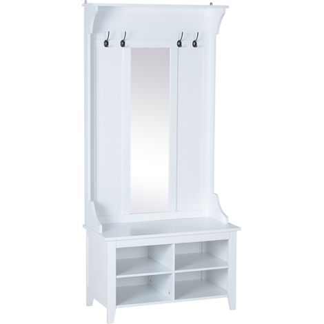 Mobile Ingresso con Appendiabiti Specchio e Scarpiera in Legno Bianco 80x40x170 cm (1/5)