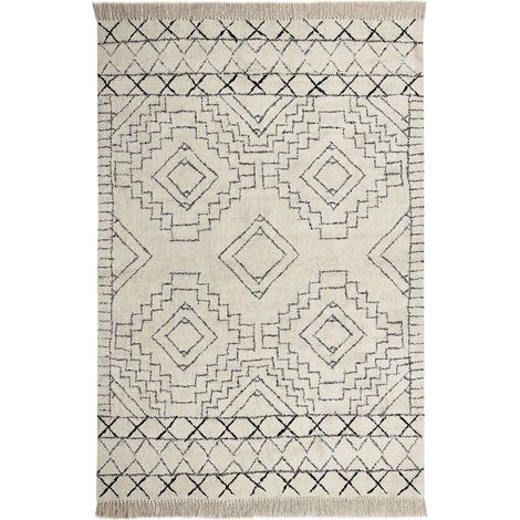 Tappeto in cotone beige e nero motivo azteco 140 x 200 cm Zeyne
