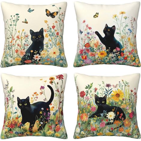 Lot de 4 housses de coussin 45 × 45 cm – Motif chat parmi les fleurs, décoration textile pour canapé, salon et chambre (1/5)
