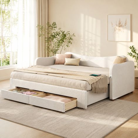 Lit banquette extensible 216x99x80 cm bouclé beige, rangement, gain de place, sans matelas – MEUBLIV (1/5)