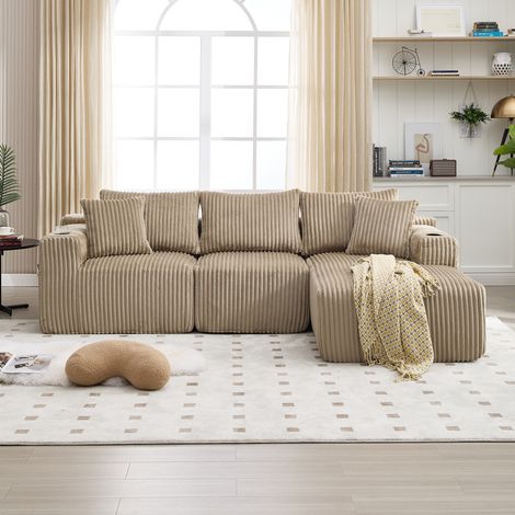 Divano modulare 257x160x62 cm kaki in velluto a coste con chaise longue, portabicchieri e 5 cuscini (1/5)