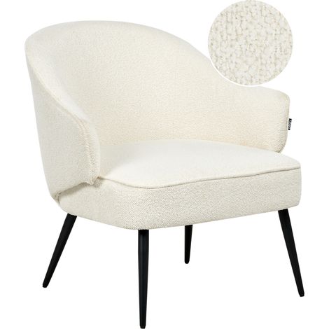 Sillón industrial para sala de estar tapizado de bouclé borreguito patas negras con reposabrazos curvos blanco crema Kayla