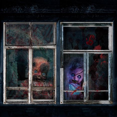 Lot de 2 rideaux décoratifs d'Halloween pour client, motif horreur et frissons, à suspendre - 80 x 120 cm (2 pièces) - Style 19