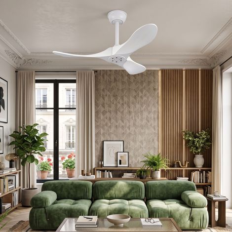 Creahappy Ventilateur de Plafond sans Lumière Ø 91 cm - Moteur DC Silencieux Réversible Gain de Place - 3 Pales Bois Massif Blanc (1/5)