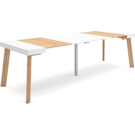 Skraut Home - Table console extensible, Console meuble, 300, Pour 14 personnes, Pieds en bois, Style moderne, Chêne et blanc (1/5)