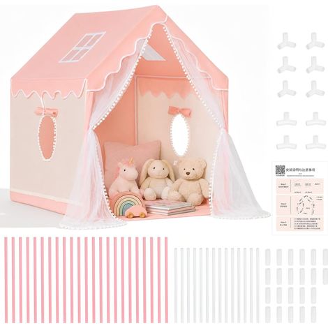 Maison de jeu pour enfants pour l'intérieur et l'extérieur, grande tente de jeu avec rideau amovible, tissu lavable doux pour la peau, maison de jeu rapide pour 3 à 4 enfants, rose (1/5)