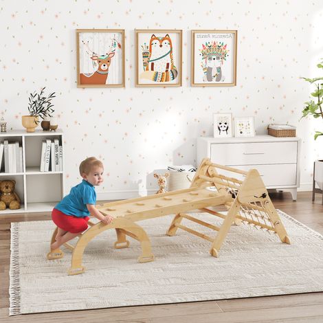 Triangle d'escalade enfants 8 en 1 avec rampe double face. arc d'escalade en bois avec toboggan & échelle. naturel