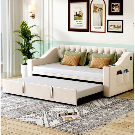 Schlafsofa Samtstoff Beige 90x190 cm, ausziehbar zu 180x190 cm, mit Lattenrost, USB und Stauraum (1/5)