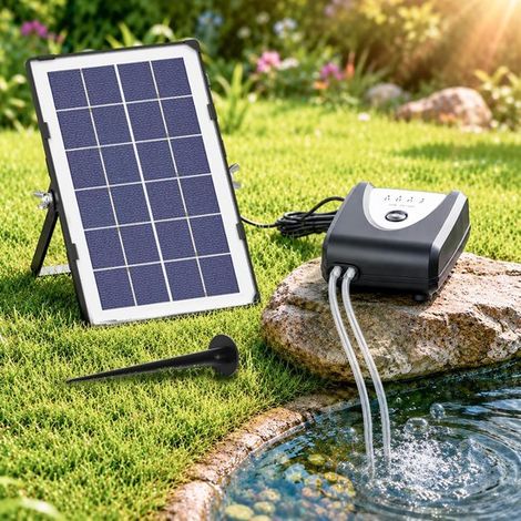 Pompe solaire pour bassin - 4000 mAh - Noir - Pompe à air solaire - Pompe à air pour aquarium - Aérateur - Trois vitesses réglables - 3,7 watts (1/5)