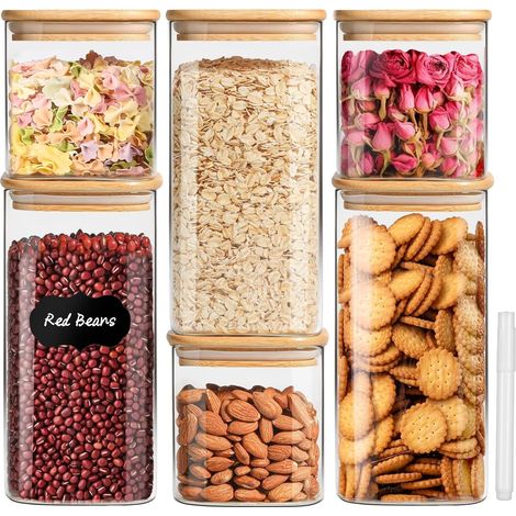 Lot de 6 bocaux de rangement en verre avec couvercles en bambou, boîtes de cuisine pour le stockage des aliments, transparent, 750 ml, 12 x 10 cm, lot de 6 (1/5)