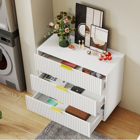 Commode 80x40x72 cm blanche en MDF avec 3 tiroirs et poignées dorées (1/5)
