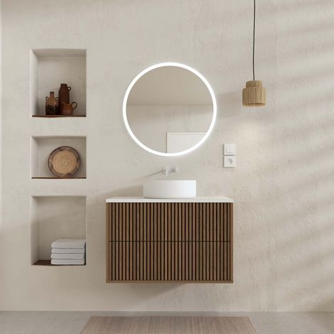 Mobile Bagno 80cm - 2 Cassetti Finitura Rovere e Nero - Piano e Lavabo Bianchi - Specchio LED Ø70