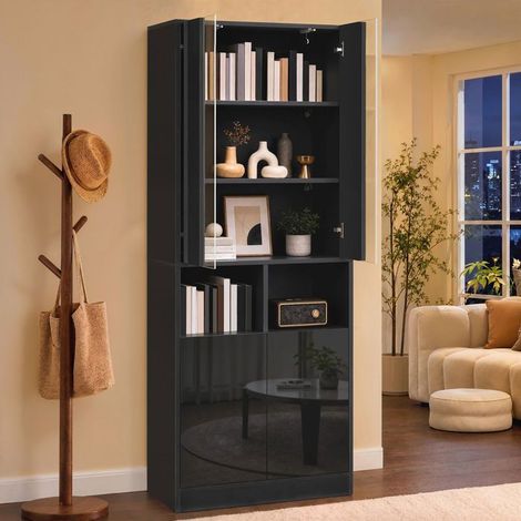 Vitrine éclairage led piloté par application fenêtre en acrylique structure à deux compartiments doubles portes étagère réglable (1/5)