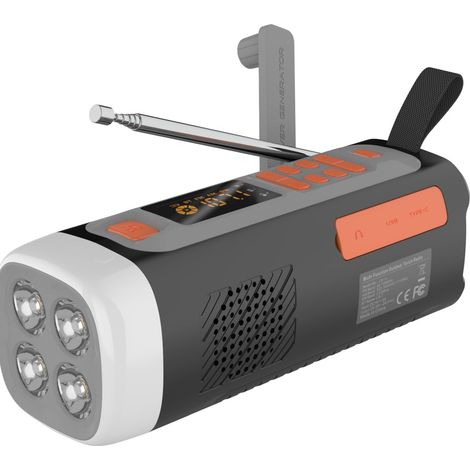 Radio de emergencia LR-7D DAB+ con FM/Bluetooth, radio digital portátil a batería con alarma SOS, luz nocturna y linterna, cargador solar con manivela USB-C para camping. (1/4)