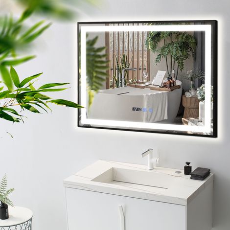 Puluomis – Miroir maquillage LED 80x60cm – Éclairage 3 couleurs réglables – Fonction anti-buée – Affichage numérique heure et température – Design moderne noir