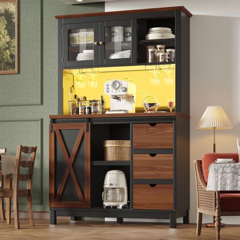 ELVMI Colonne de Cuisine avec 1 Porte Coulissante, 1 Tiroir, Étagères Réglables et LED pour Cuisine en MDF Noir