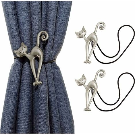 MINKUROW Magnetische Vorhanghalter, kreative Katze, Vorhanghalter, Set mit 2 Vorhanghaltern, Vorhanghalter, Schnallen, Vorhangbindung, Vorhanghalter für Zuhause, Büro, Hotel, Dekoration, Silber