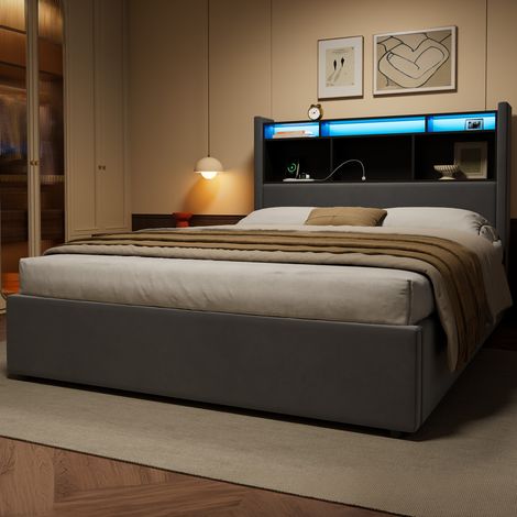 Cama hidráulica con almacenamiento 219x111x140 cm de terciopelo gris oscuro con LED y base de carga (1/5)
