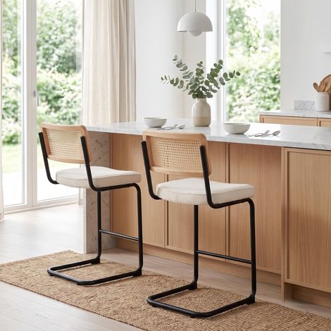 Lot de 2 Tabourets de Bar Design Mid-Century - Chaises de Bar en Chenille et Cannage Pieds Métal Noir Confortables - pour Cuisine Scandinave Ivoire (1/5)