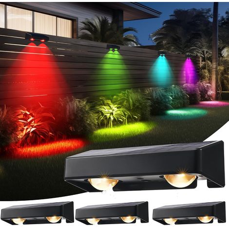 Lampe Solaire Exterieur Jardin, Lot de 4 Applique Murale Solaires 11 Modes Étanche LED Lumières de Clôture Éclairage Décoration pour Chemin Escalier Patio, Blanc Chaud+Blanc Froid+Couleur RVB (1/5)