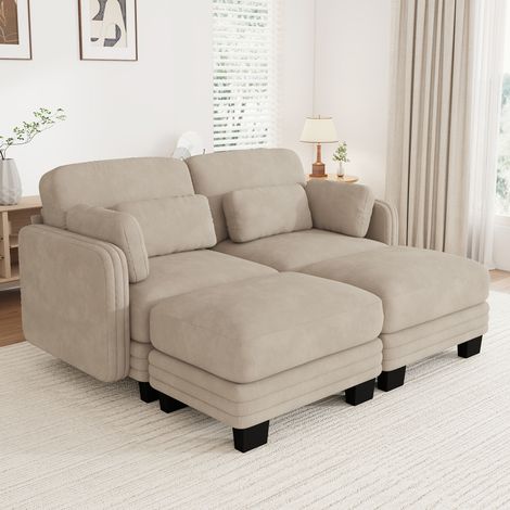 Divano modulare a U 2 posti con 2 pouf, ciniglia, 176 x 143 x 88 cm, caffè chiaro (1/5)