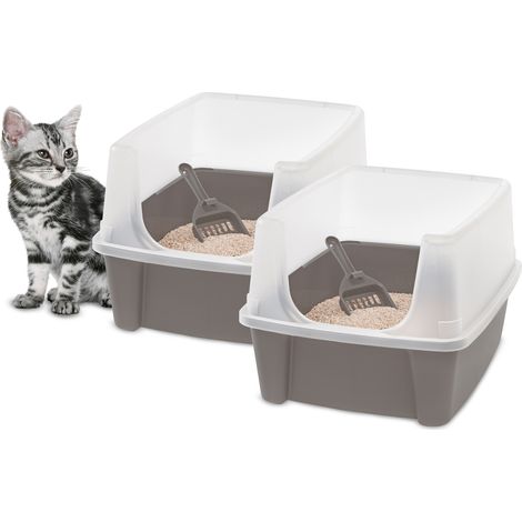 Iris Ohyama, 2 Pack, Bac à litière pour chat avec côtés hauts, pas de déversement de litière, bord haut amovible, pelle incluse, pour chat - Cat Litter Box CLH-12 - Taupe