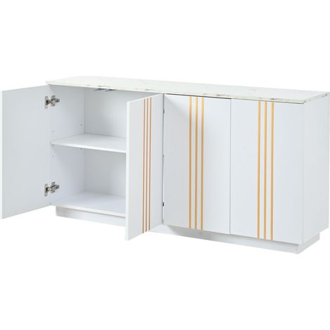Aparador de salón blanco y dorado 140 x 35 x 70 cm con 4 puertas y estantes regulables (1/5)