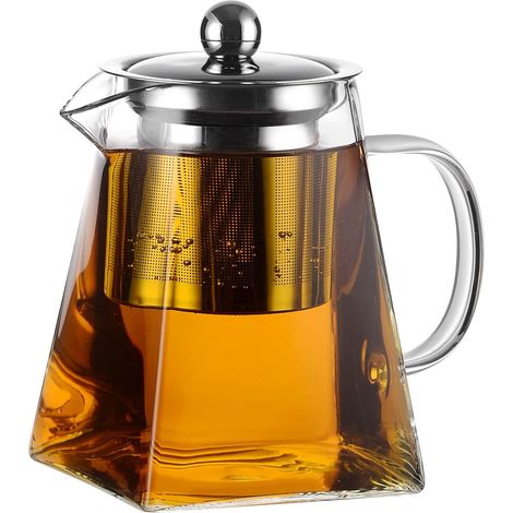 Amisglass glass teapot with strainer, 800 ml glass jug with 18/10 stainless steel tea strainer, glass teapot with lid - dishwasher safe - heat resistant and transparent
