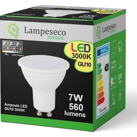 Lampesecoenergie – Ampoule LED GU10 7W dimmable 3 niveaux – Blanc chaud 3000K – Angle de diffusion 120° – Durée de vie 15.000h – Conformité CE RoHS