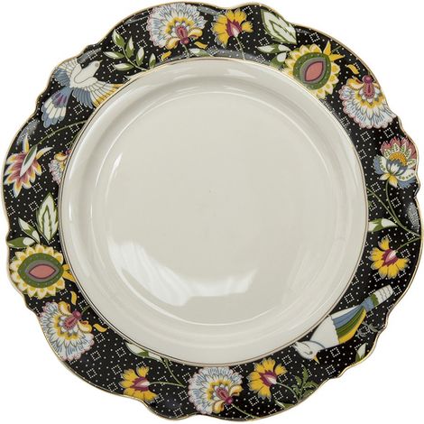 Assiette Plate en Céramique Noir et Blanc Ø 28 cm avec Motif Floral et Eating Sign - PANGIVO (1/3)