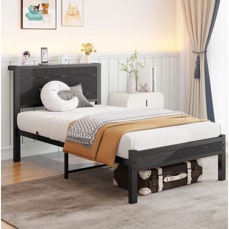 Bett 90/200 cm in Schwarz aus MDF und Metall mit Kopfteil und Stauraum (1/5)
