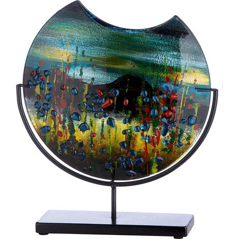 Vase Rond décoratif sur Pied en métal Noir - Peint à la Main avec éléments en Verre - Objet d'art Multicolore Hauteur 37 cm (1/2)