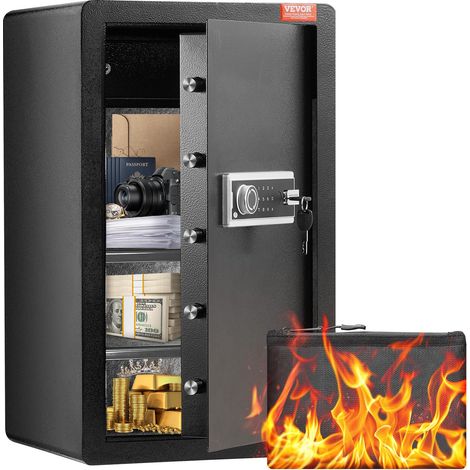 Coffre-fort à Porte Simple 113 L, 2 Façons de Déverrouillage par Clé ou Mot de Passe, avec Sac Ignifuge, Porte-Clés, Lumière LED et 2 Étagères, pour Argent, Documents, Bijoux, Domicile, Noir (1/5)