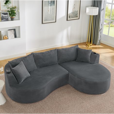 Sofá rinconero 3 plazas con chaise longue derecha, terciopelo gris y portavasos DESVIAE (1/5)