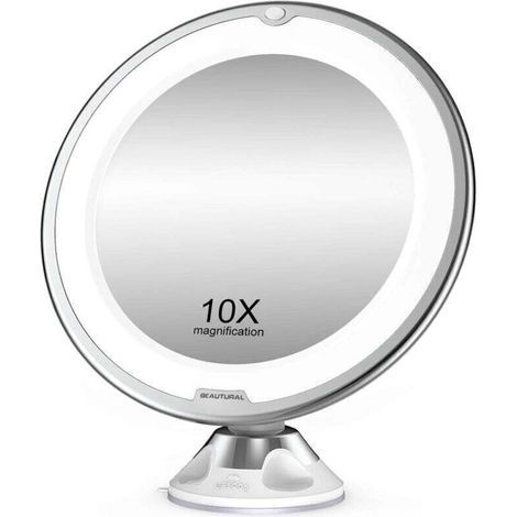Grossissant Miroir Maquillage 10x avec Lumières LED 1 Joint à Bille d'attache Ajustable à 360° Miroir Cosmétique Portable, pour Salle de Bain, Voyage (1/4)