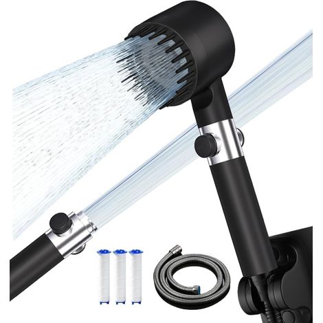 Cabezal de ducha de alta presión, antical con filtro ahorrador de agua, 3+1 tipos de chorro, ducha de baño con botón de cierre de agua, manguera de 1,5 m y soporte, color negro. (1/5)