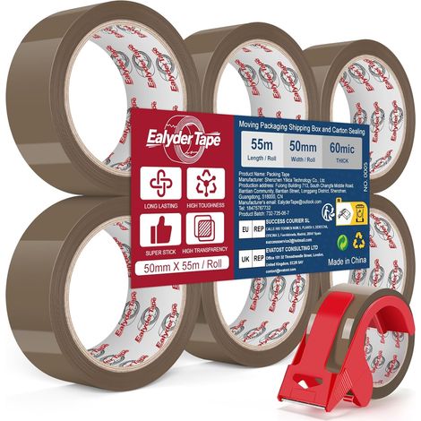 6 Rolls of Brown Packaging Tape 50 mm x 55 m Strong Adhesive with Dispenser (1/5)