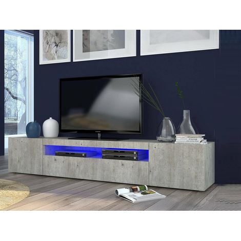 Dmora Mueble para TV para sala de estar, Made in Italy, Mueble para TV con 3 puertas y estantes, cm 200x40h37, Color cemento, con luz LED azul, con embalaje reforzado (1/3)