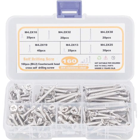 160 vis en acier inoxydable 304 M4.2 tête fraisée cruciformes autoperceuses argentées antirouille pour menuiserie (1/5)