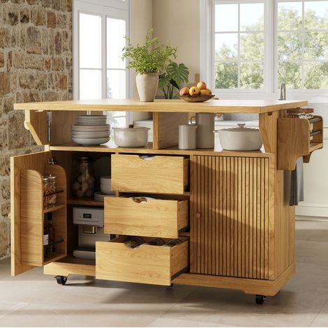 Carrello da cucina 142,5x80x95 cm in MDF e metallo marrone con piano ribaltabile - MEUBLIV (1/5)
