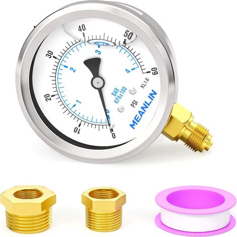 04BAR/060PSI Liquid Filled Pressure Gauge, Stainless Steel, 1/8" BSP 2.5" Dial, Lower Mount for Water, Oil (1/5)