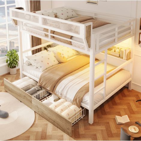 Cama litera moderna 140x200 cm de metal y MDF blanca con estantes, 2 cajones, cesta de almacenaje y luz LED (1/5)