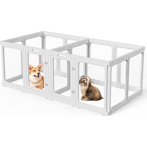 Parc pour chiot en plastique acrylique transparent - 60 cm/75 cm - Avec porte - Facile à nettoyer - Pour appartement - Blanc - Hauteur : 60 cm - 12 + 2 (14 pièces) (1/5)
