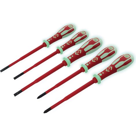 Dextro VDE Slim - Set di cacciaviti elettrici a intaglio/PZ I 5 pezzi, fosforizzante, buona visibilità, realizzato con precisione, versatile, testato VDE, elevato comfort di lavoro 1 (1/3)