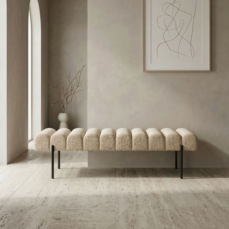 Banc 160x41,5x45 cm en tissu beige et piètement noir (1/5)