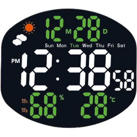 Réveil numérique mural avec station météo, affichage de l'humidité, de la température, de la luminosité automatique, de la date, deux alarmes, pose ou suspension. (1/5)