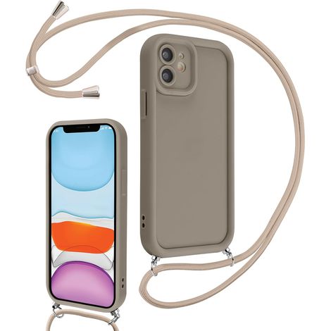 Coque pour iPhone 11 6,1" avec Cordon de Collier Réglable, Etui Protection de la Caméra Silicone Souple TPU Antichoc Housse avec Corde Lanyard Cover pour Femmes Filles, Kaki (1/5)